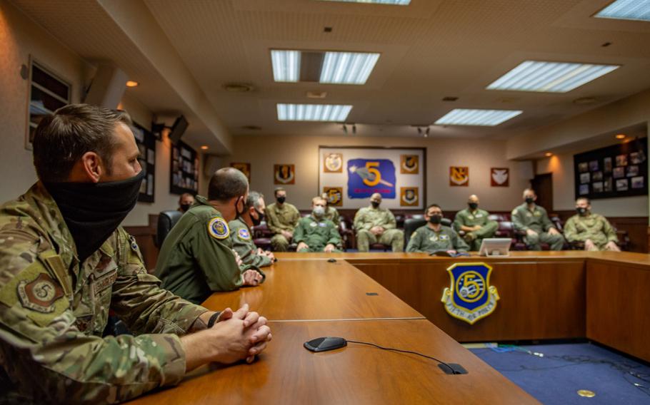 Planners and action officers from 5th Air Force Wings in Japan meet to discuss how to achieve Agile Combat Employment efficiency as quickly as possible, November 10, 2020. The two-day conference was the first of many planned for the future with the goal of creating a more effective, resilient, and faster-moving force in the area of responsibility. (U.S. Air Force photo by Staff Sgt. Kyle Johnson)