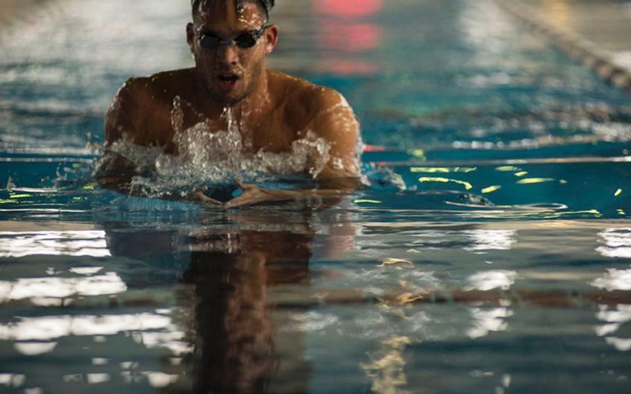 Shotaro Shimazaki, 27, a swimming instructor at Yokota Air Base, Japan, is a competitive breaststroker who plans to enter trials that will determine who competes for Japan at the summer games in Tokyo. (THERON GODBOLD/STARS AND STRIPES)