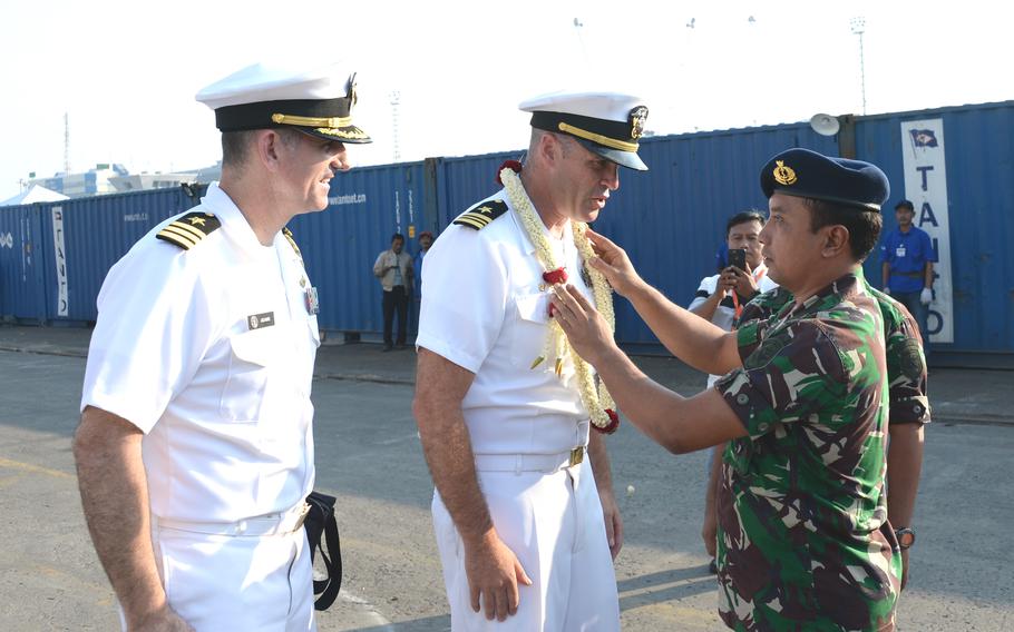 JAKARTA, Indonesia (June 25, 2019) - Indonesian Navy officers greet USS Patriot (MCM 7) leadership during an arrival ceremony in Jakarta, Indonesia. Patriot, part of Mine Countermeasures Squadron 7, is operating in the U.S. 7th Fleet area of operations to enhance interoperability with partners and serve as a ready-response platform for contingency operations. (Photo by U.S. Embassy Jakarta)