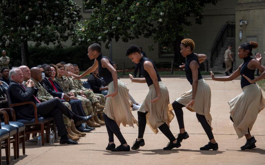 Dancers with the Hampton University Terpsichorean perform a routine during a Juneteenth Celebration at the Pentagon in Arlington, Va., June 21, 2022. The performers were part of the first official Juneteenth ceremony to be hosted at the Pentagon since the holiday became federally recognized in 2021. (U.S. Air Force photo by Staff Sgt. Elora J. McCutcheon)