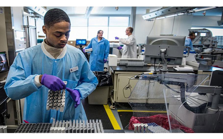 Air Force Staff Sgt. Gerald Gatlin prepares serology samples in the immunodiagnostic section of the Epidemiology Laboratory Service, also known as the ‘Epi Lab,’ at the 711th Human Performance Wing’s United States Air Force School of Aerospace Medicine and Public Health at Wright Patterson AFB, Ohio. (U.S. Air Force photo by J.M. Eddins Jr.)