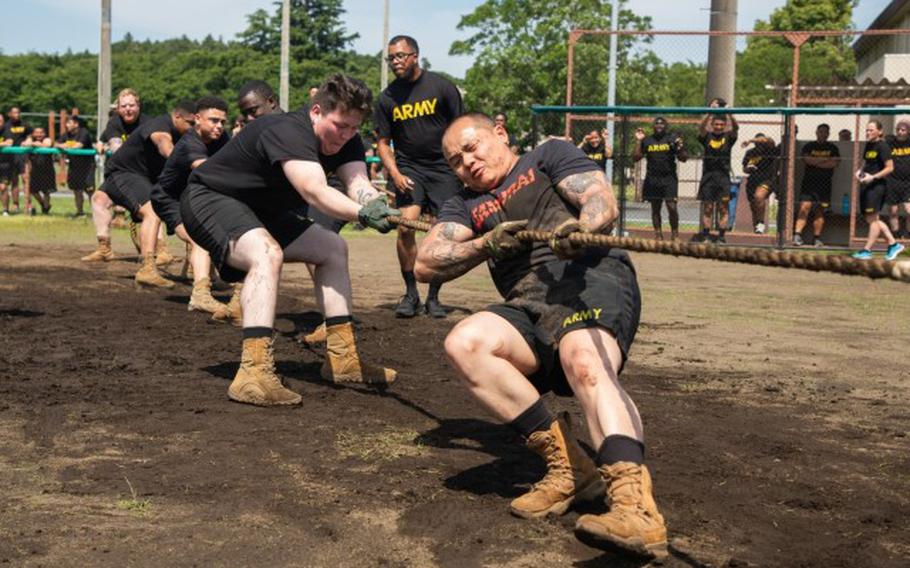 Soldiers battle it out in a tug-of-war event during Army Week festivities at Camp Zama, Japan, June 11, 2024.