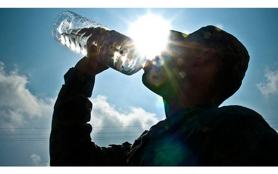 Dehydration is caused by not drinking enough water. The amount of water necessary to keep someone hydrated depends greatly on the weather, the amount of physical activity, and an individual's physical fitness level. The symptoms of dehydration include lethargy, headaches, and lack of energy. (Photo by U.S. Army Sgt. Timothy R. Koster)