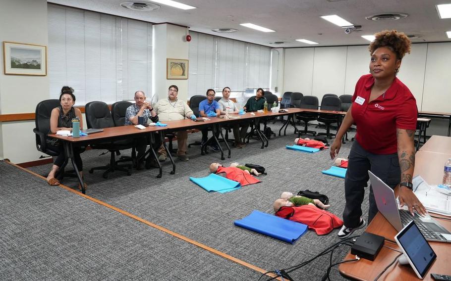 Members of The U.S. Army Corps of Engineers – Japan Engineer District (USACE JED) attend a first aid and CPR course hosted by the Camp Zama Red Cross Association office on Camp Zama, Japan.