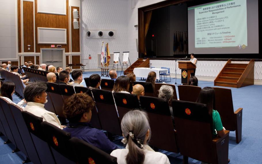 U.S. Army Garrison Japan employees attend a workforce town hall at Kizuna Hall on Camp Zama, Japan, Aug. 8, 2023. (Kei Sasaki)