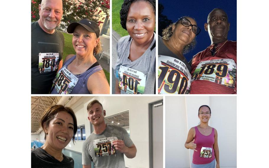 Participants take selfies after completing this year's virtual 5K run or walk. The Army Substance Abuse Program at Camp Zama, Japan, is currently holding the event to promote self-care and highlight resources in support of Suicide Prevention Month. (Courtesy photos)