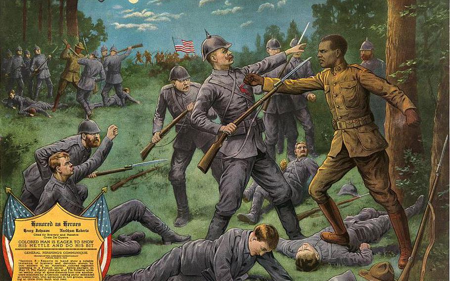 A 1918 print illustration titled “Our Colored Heroes” depicts the Battle of Henry Johnson on May 15, 1918. New York Army National Guard Sgt. Henry Johnson. Johnson was part of the 369th Infantry Regiment, the Hellfighters from Harlem, who fought under French command in WWI as an all-black combat unit. While on guard duty in the French sector on May 14, 1918 Needham Roberts and Henry Johnson fought off a 24-man German patrol, though both severely wounded. Both were awarded the Croix de Guerre for their actions, the first Americans in France to receive the award. General Pershing’s communique entitled “The colored man is eager to show his mettle and do his bit” at lower left.