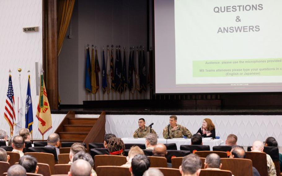 U.S. Army Garrison Japan leadership participate in a workforce town hall inside Kizuna Hall at Camp Zama, Japan, Dec. 6, 2023. In the meeting, leaders discussed plans for a new workforce action team and other topics. (Photo Credit: Kei Sasaki)