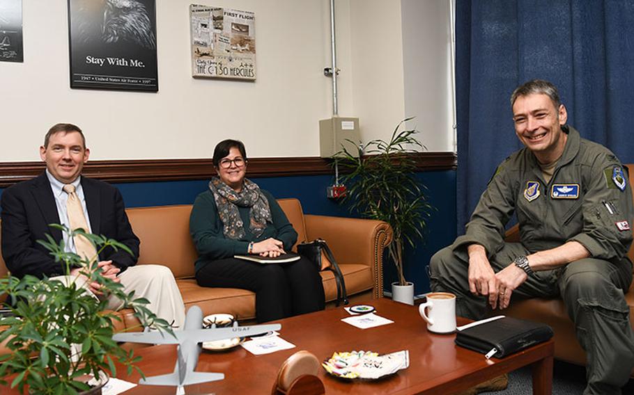 Dr. Glendon Diehl, and Ilka Regino, professional staff members for the House of Representatives, House Armed Services Committee, pose for a photo with U.S. Air Force Col. Andrew Roddan, 374th Airlift Wing commander, at Yokota Air Base, Japan, April 3, 2023. Diehl and Regino toured the 374th Medical Group and hosted quality of life focus groups with residents to gather information on matters affecting Yokota personnel. (U.S. Air Force photo by Staff Sgt. Spencer Tobler)