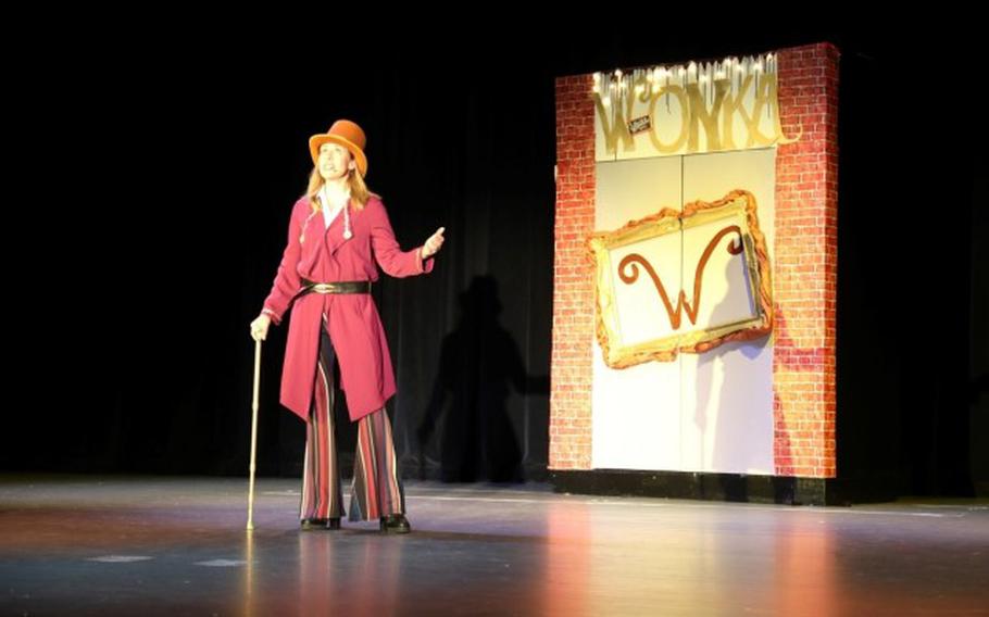 Brook Colgan, as the titular character in the MWR Theatre Group’s upcoming production of the “Willy Wonka Jr.” musical, rehearses June 17 at the Community Recreation Center on Camp Zama, Japan.