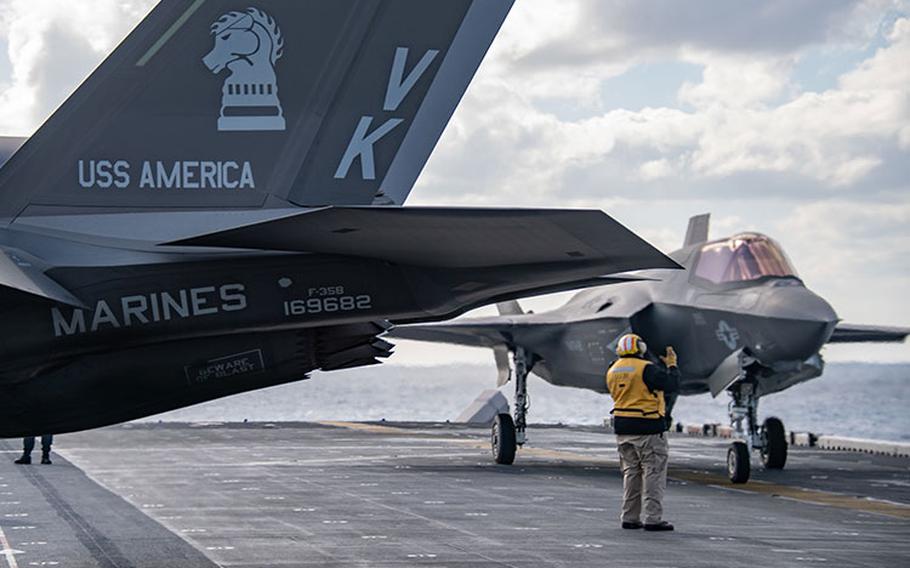 PHILIPPINE SEA (Jan. 30, 2021) - An F-35B Lightning II assigned to the 31st Marine Expeditionary Unit (MEU) lands on the flight deck of amphibious assault ship USS America (LHA 6). America, lead ship of the America Amphibious Ready Group, along with the 31st MEU, is operating in the U.S. 7th Fleet area of responsibility to enhance interoperability with allies and partners and serve as a ready response force to defend peace and stability in the Indo-Pacific region.