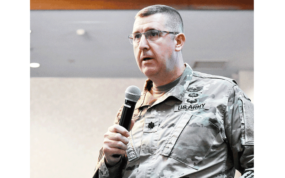 Lt. Col. Gary Whittacre, a Camp Zama resident, asks a question during the U.S. Army Japan Housing Town Hall at the Camp Zama Community Club Dec. 3, 3019.