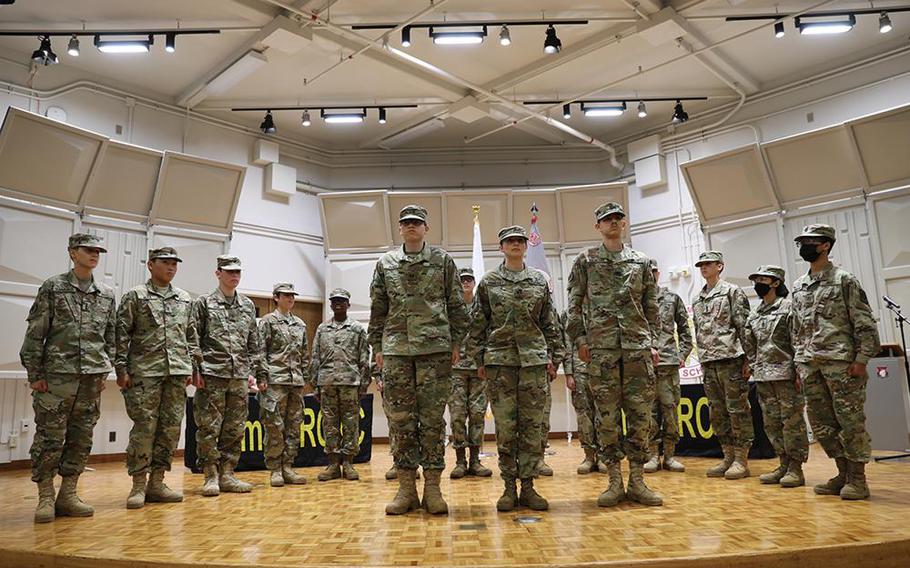 Cadets with the Zama Middle High School Junior Reserve Officers’ Training Corps’ Trojan Battalion gather in formation during a leadership recognition ceremony held Sept. 28 at the school’s auditorium to recognize and promote battalion leadership.