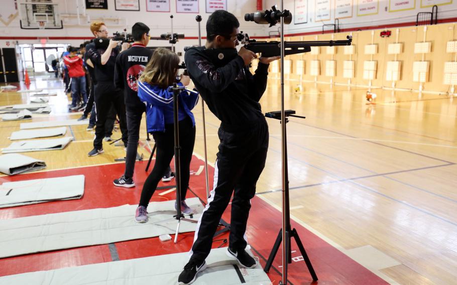 Students from the Zama Middle High School, Yokota High School and Nile C. Kinnick High School varsity Junior Reserve Officers’ Training Corps marksmanship teams shoot during the Kanto Plain Invitational Three-Position Marksmanship Match at Camp Zama, Japan, Jan. 25, 2020.