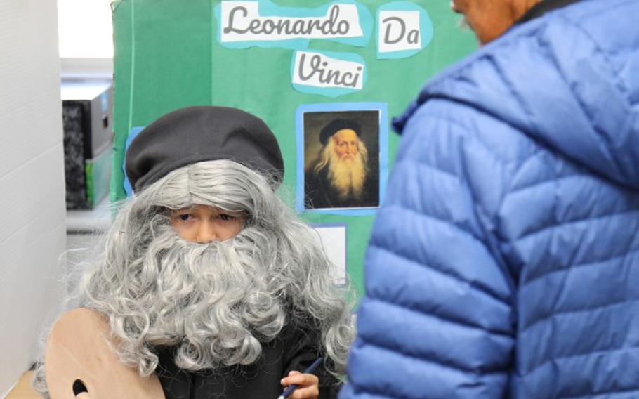 Leo Jones, a fourth grader at Arnn Elementary School, portrays Leonardo da Vinci during a living wax museum event inside the school at Sagamihara Family Housing Area, Japan, March 21, 2024.