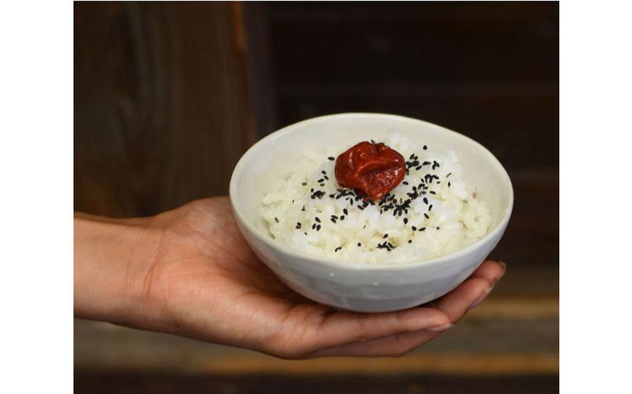 A umeboshi on a rice bowl in someone’s hand.