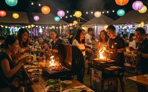 People enjoying BBQ at Fumotto Night Market