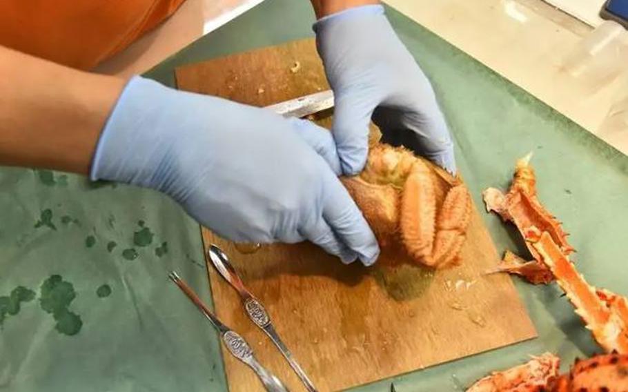 Turn the crab over, and you’ll find the triangular portion, called the apron. There is a hole where you can slip your finger inside to pry it off, and you can open in to find it brimming with orange kani miso.