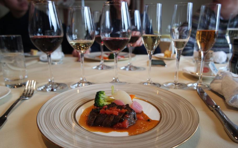 meal and wine glasses