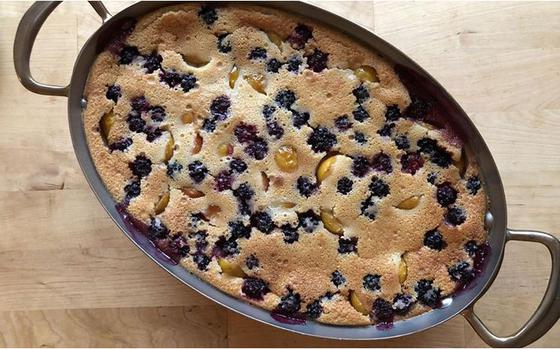 The finished product of Plum and blackberry clafoutis. (Anna Leigh Bagiackas)