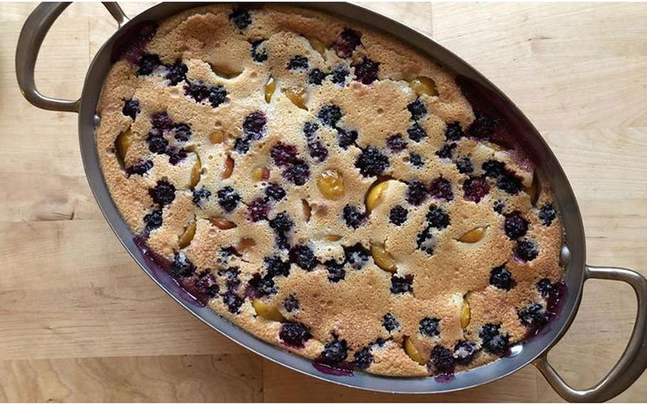 The finished product of Plum and blackberry clafoutis. (Anna Leigh Bagiackas)