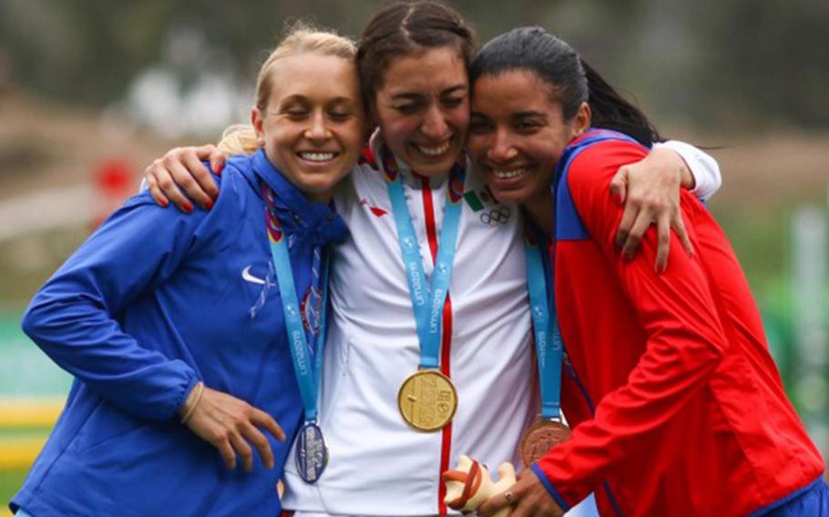 Army Sgt. Samantha Schultz (left, with a silver medal at the 2019 Pan American Games in Lima, Peru, sharing a happy moment with Mexico's Mariana Arceo, center, and Cuba's Leydi Moya) is competing in modern pentathlon at the Tokyo Olympics. Like other athletes, Schultz sought the help of a psychologist to prepare for the games (Courtesy photo).