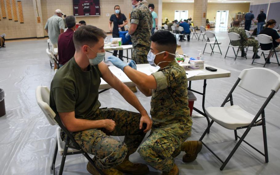 Naval Medical Center Camp Lejeune (NMCCL) is hosting a vaccine expo through 6 p.m. on Thursday, Oct. 20. NMCCL is offering both the COVID-19 bivalent booster and the seasonal flu vaccine to TRICARE beneficiaries over the age of 12. The Vaccine Expo is being held at Wallace Creek Fitness Center aboard Marine Corps Base Camp Lejeune. (U.S. Navy photo by Petty Officer 2nd Class Michael Molina)