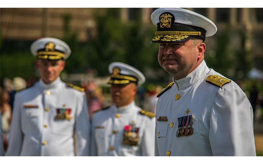 Rear Admiral Brandon Taylor of the U.S. Public Health Service Commissioned Corps in dress whites at the 2019 National Independence Day Parade where he represented the U.S. Surgeon General as a presiding official with the other services. Taylor was named in February as the new director of the Defense Health Agency’s Public Health directorate. (Courtesy Photo)