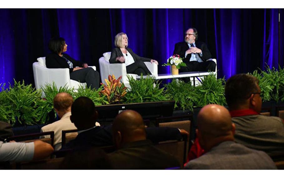 Day one of DHITS 2022 closed with a discussion about harnessing the power of data, transforming health care delivery, and clinical care at MTF’s. Photo is afternoon panel consisting of Bill Tinston, Holly Joers, Dr. Leslie Sofocleous, and Chris Ruefer (Photo by: Patrick Moore, Military Health System).