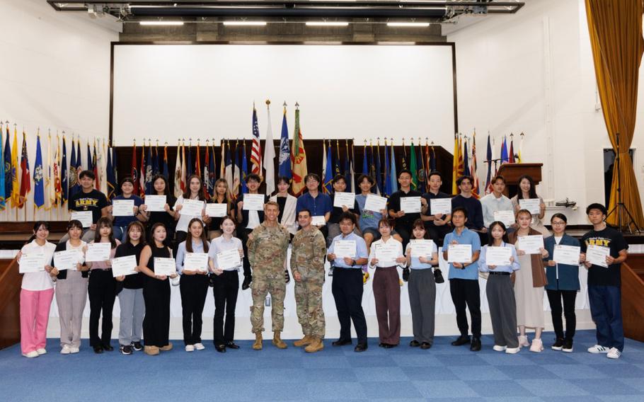 U.S. Army Garrison Japan leadership honored 30 Japanese students during a graduation ceremony at Camp Zama, Japan, Aug. 23, 2024, for their commitment to several U.S. Army in Japan organizations as part of a three-week internship program. 