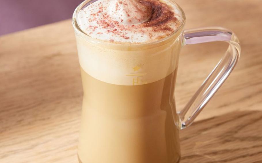 Sakura Cream Latte which combines the sweet flavors of bean paste powder and cinnamon with rich espresso and soy milk.