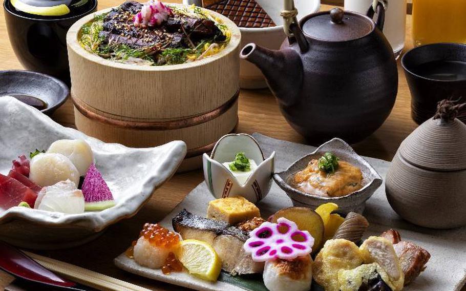 Example of the breakfast set, which includes hokke hitsumabushi (top left), sashimi (bottom left) and hassun, a seasonal assortment (bottom right).