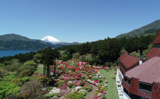 Beautiful garden in theOdakyu Hotel de Yama. Lake Ashi and Mt. Fuji can be seen.