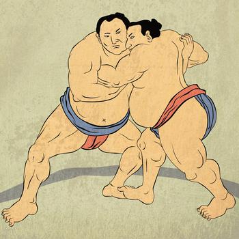 Illustration of a two japanese sumo wrestler wrestling isolated done in japanese wood block print style