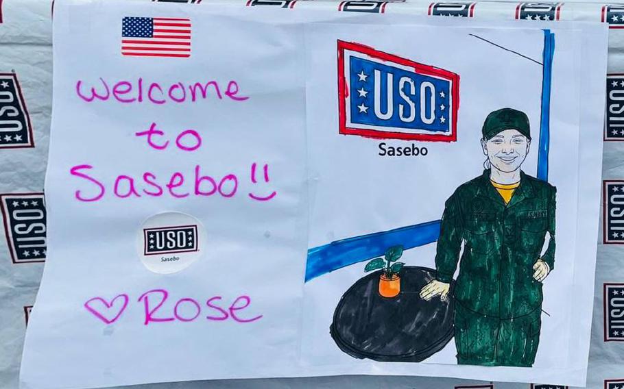 Welcome sign created by Rose Sanchez, greets the USS Tripoli crew as they arrive.
