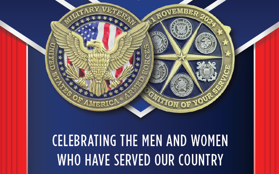 flyer promoting Veterans Day Coin Giveaway. a verbiage which says celebrating the men and women who have saved our country and the head and the reverse of a coin are also used in the image. 