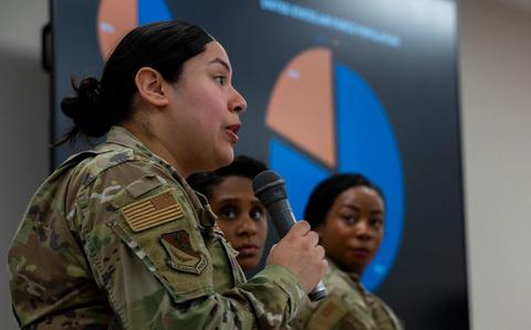 Photo Of U.S. Air Force Staff Sgt. Anakaren Lemieux, 374th Airlift Wing equal opportunity specialist, speaks during a Japan Air Self-Defense Force women’s leadership engagement at Yokota Air Base, Japan, Dec. 12, 2024. The JASDF Operations Support Wing and Central Air Defense Missile Group invited six 374th AW members to discuss U.S. female-centered programs and procedures, sharing insight with JASDF personnel to increase female participation in the military. 