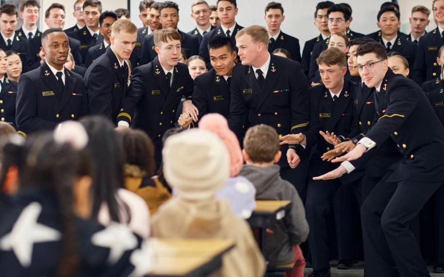 Members of the U.S. Navy Academy Glee Club performed for Sullivans Elementary School students March 11, 2024 at Commander, Fleet Activities Yokosuka, Japan.