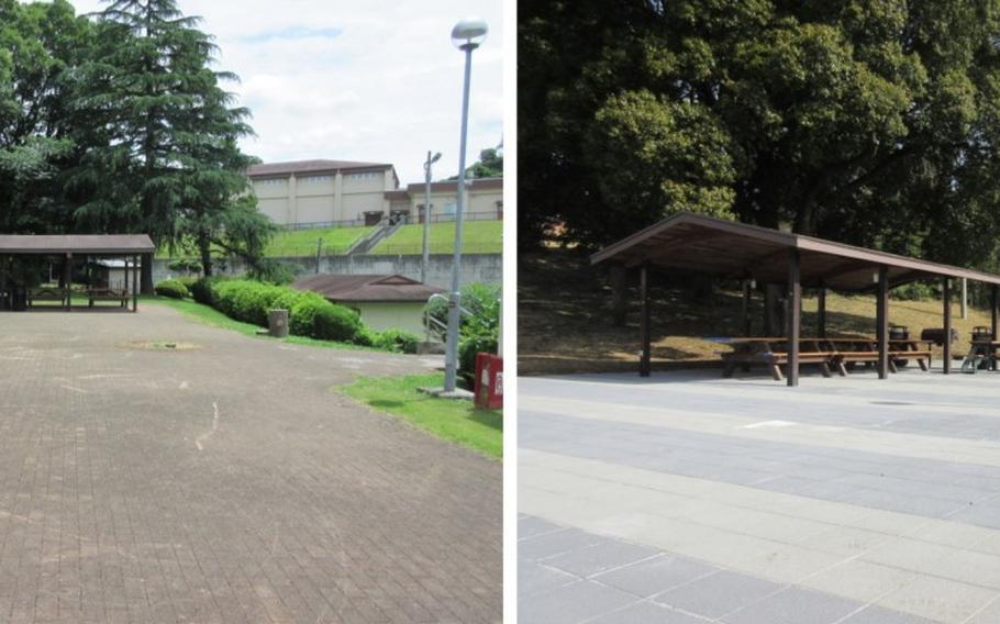 Before and after photos of the barbeque area at Dewey Park on Camp Zama. Community members can now reserve a spot in the area after new flooring was recently installed in the communal gathering space. The project, which took almost six months to complete, replaced an aging floor with interlocking blocks that had previously been deteriorating and causing rainwater to collect. 