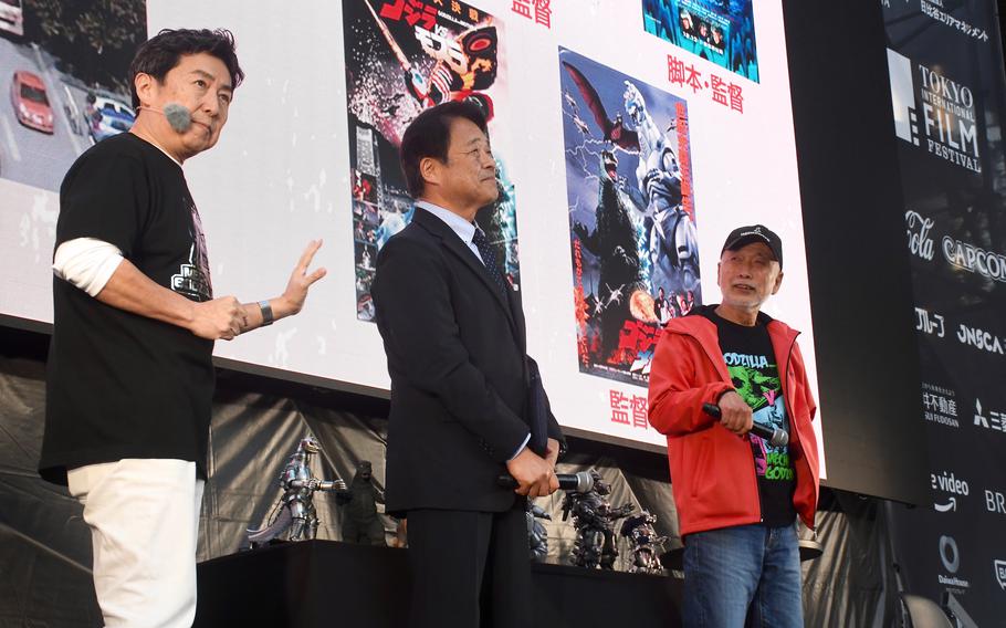 MC Shinsuke Masaki director Masaaki Tezuka and SFX director Eiichi Asada celebrate the 50th anniversary of Mechagodzilla at Godzilla Fest 2024 by Edward L. Holland Godzilla