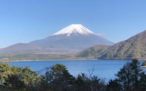 Mt. Fuji and a lake.