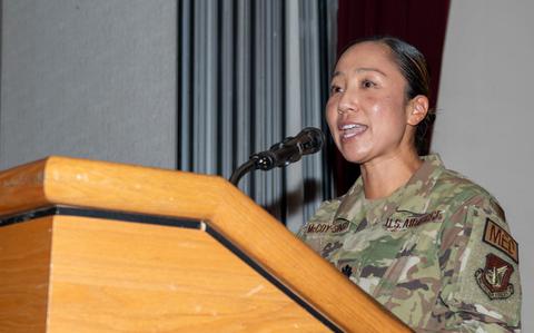 Photo Of U.S. Air Force Lt. Col. Kimberly McCoy-Singh, incoming commander, gives the first speech to the 374th Operational Medical Readiness Squadron during a change of command ceremony at Yokota Air Base, Japan, July 11, 2024. Change of command ceremonies are time-honored traditions deeply-rooted in American military history.