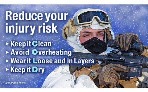 Photo Of flyer promoting “reduce your injury risk”. A photo of a person with winter clothing and a gun is used.