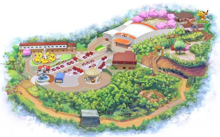 Graphic illustration of a birds-eye view of the theme park.