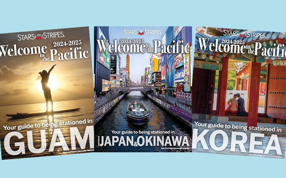 The covers of the three editons of welcome to the pacific are used as an image.