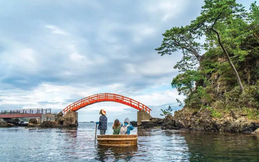 Visitors enjoy riding the “tarai-bune,” a wooden, tub-like boat once used for fishing.
