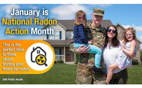 Photo Of flyer promoting national radon action month. a photo of a military family in front of a house is used.