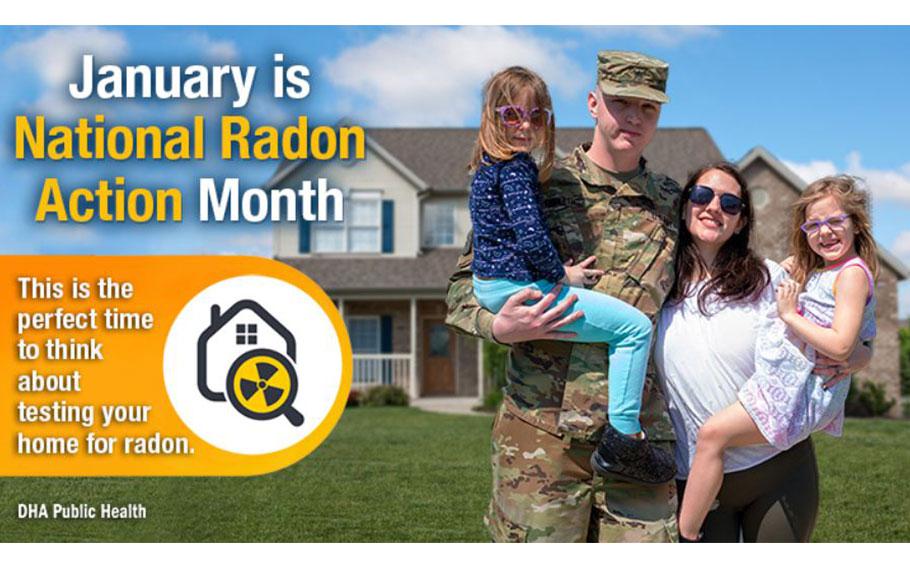 flyer promoting national radon action month. a photo of a military family in front of a house is used.