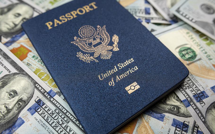 United States Passports on us dollar money. USA document. Travel