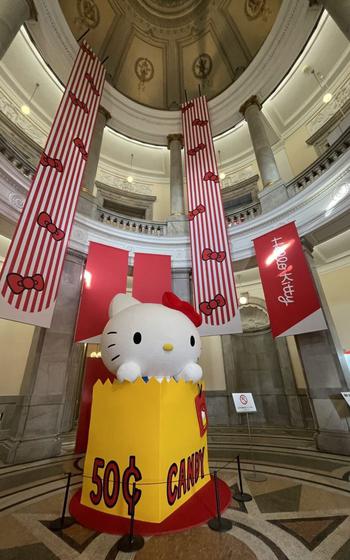 inside the museum. huge hello kitty can be seen.